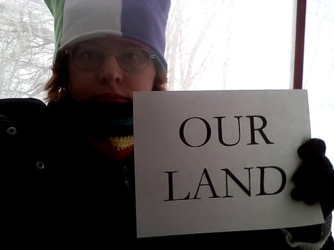 Alex, wearing purple-white-and-green pussy hat and black coat and rainbow scarf, holds up a sign says OUR LAND, against a snowy background with bare trees
